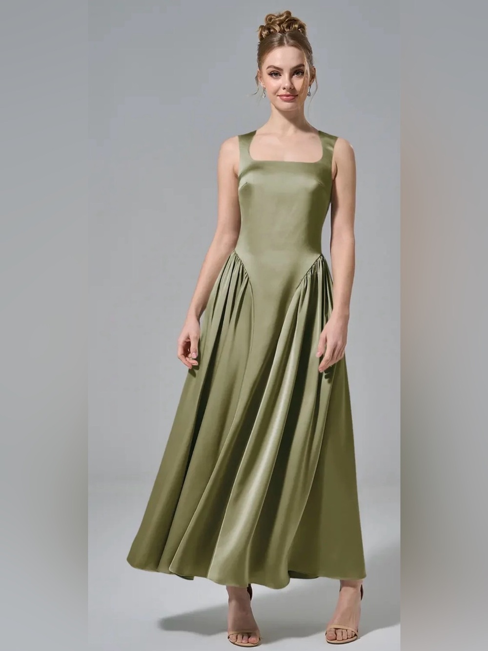 Elegant Olive Satin Square-Neck Maxi Dress